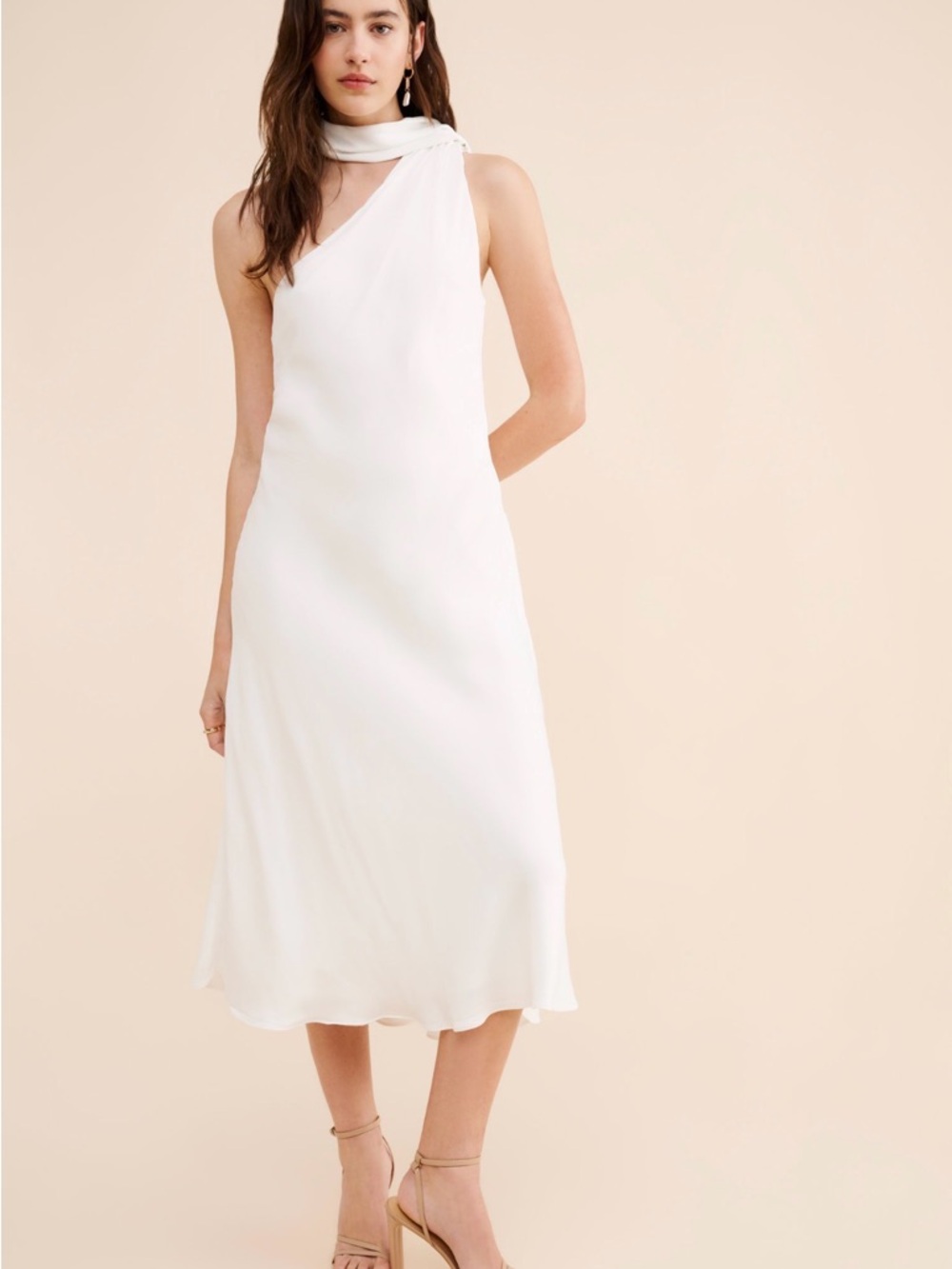 BHLDN One-Shoulder Ivory Midi Dress with Neck Scarf